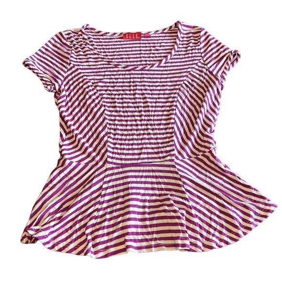 Elle Purple & White Knit Peplum Top Blouse Woman Size XS Striped Y2K Vibe - Picture 4 of 10